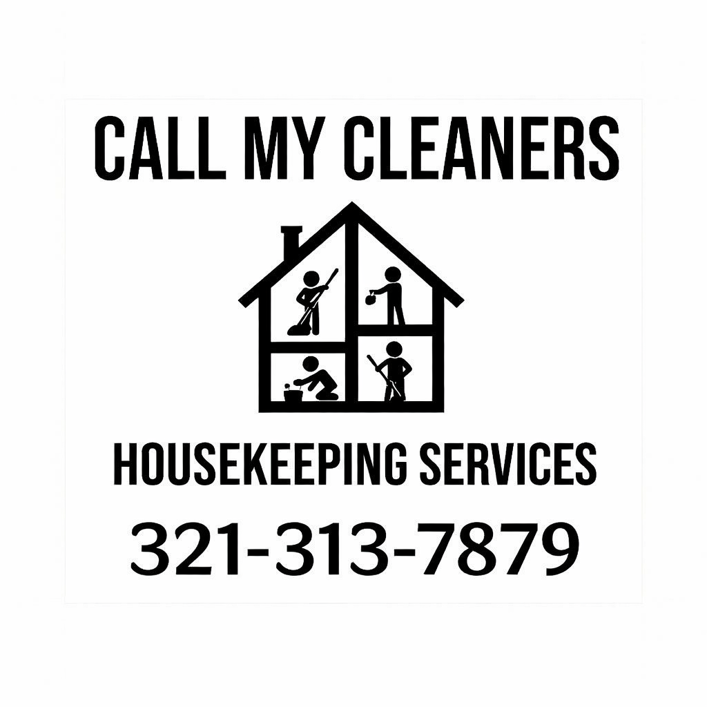 Call My Cleaners LLC Logo - Housekeeping Services with Cleaning House Icon and Phone 321-313-7879